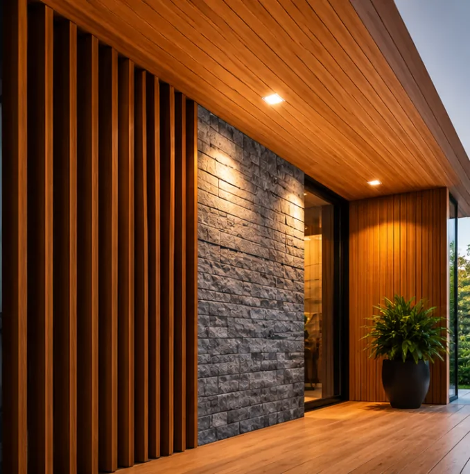 Illustration générée d’un intérieur architectural avec finitions de bois ; ce visuel ne représente pas une réalisation Esquisses.