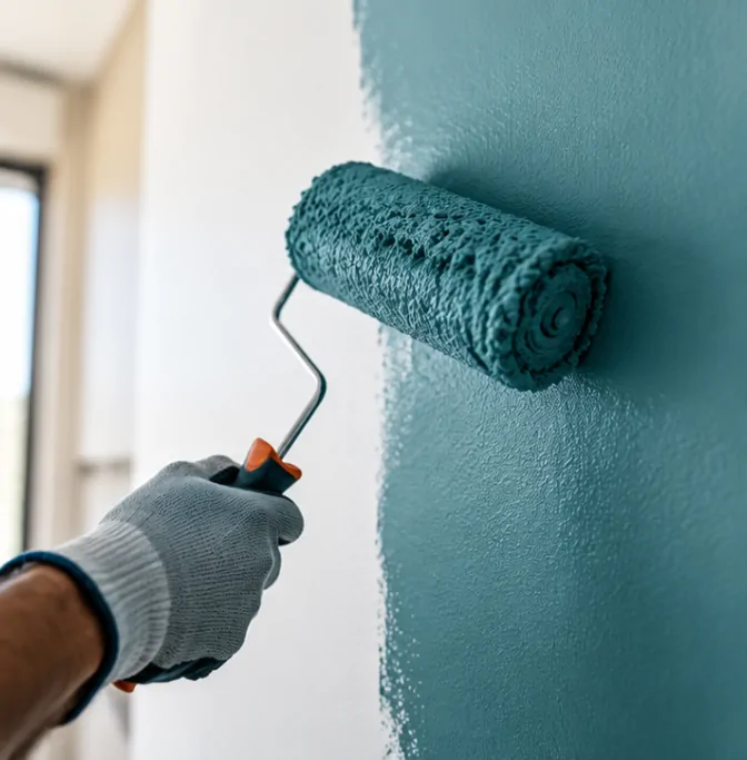 Illustration générée d’un rouleau appliquant de la peinture bleu-vert ; ce visuel ne représente pas un chantier Esquisses.